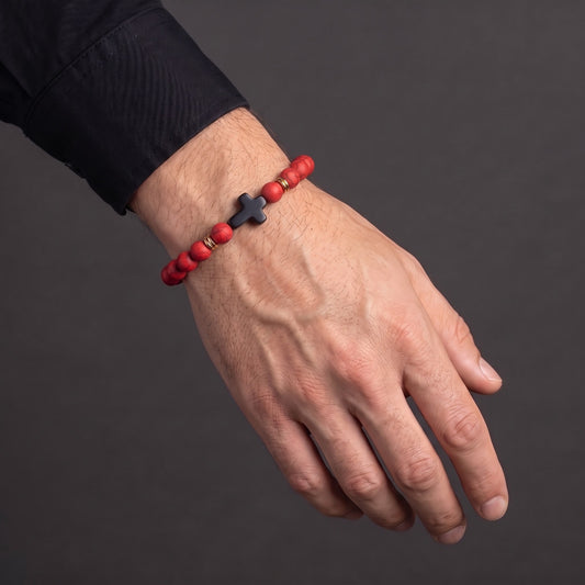 Crimson Faith Cross Bracelet worn on the wrist - Allora Jewellery