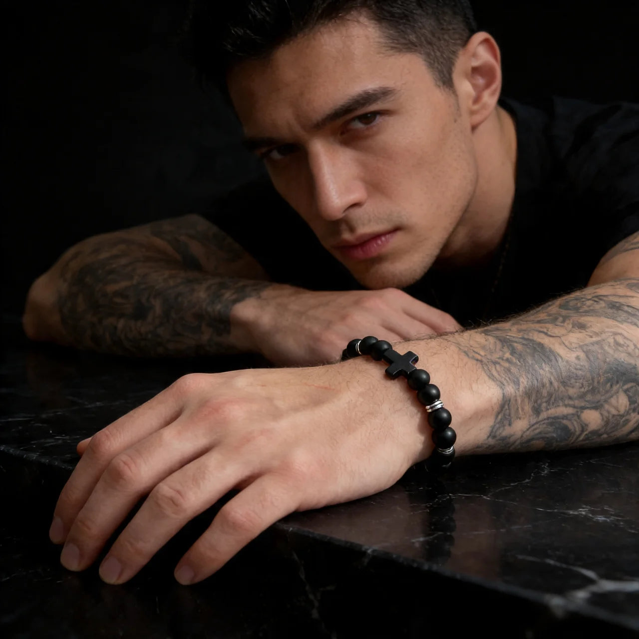 Obsidian Devotion Cross Bracelet